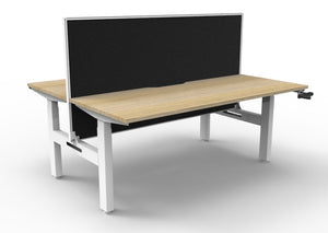 Rapidline Boost Crank manual height adjustable back to back workstation, E0 rated Natural Oak top on a white satin powdercoated frame. Supplied product image for model BC2PWS1575 NO/WS. View 1.