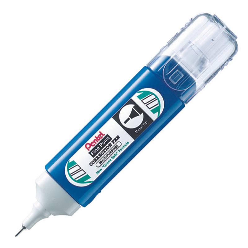 Pentel fine point correction pen with a blue barrel, clear cap and metal tip, label printed Fine Point Correction Pen and Multi-Purpose, shown at an angle