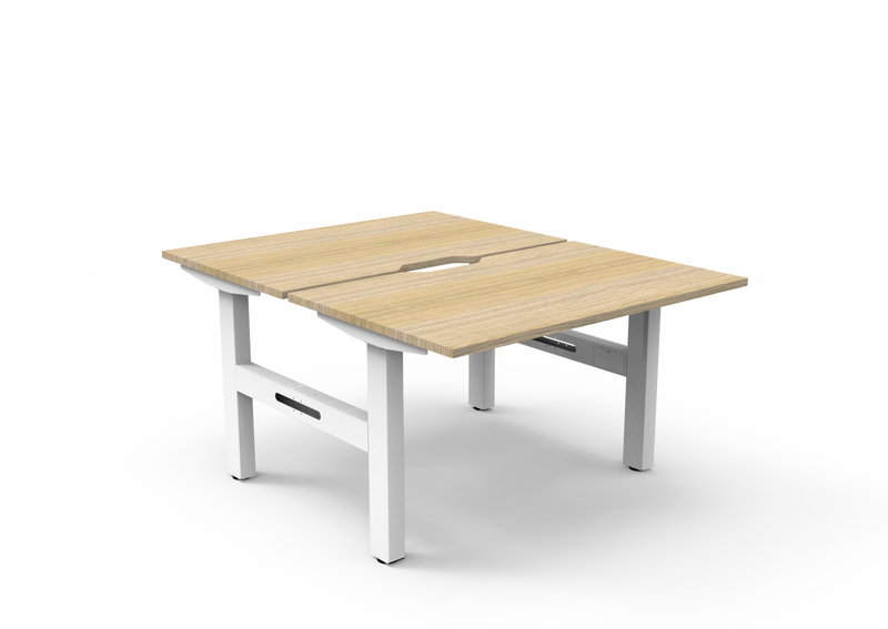 Rapidline Boost Static fixed height back to back workstation, E0 rated Natural Oak top on a white satin powdercoated frame. Supplied product image for model SB2P1275 NO/WS. View 1.