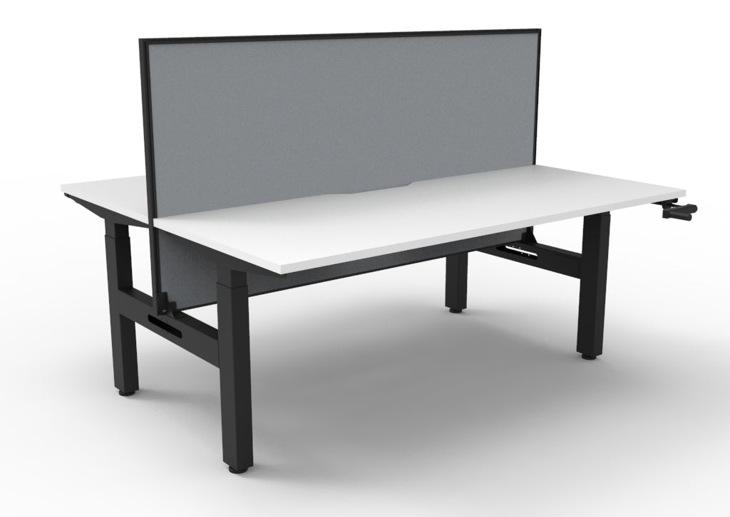 Rapidline Boost Crank manual height adjustable back to back workstation, E0 rated Natural White top on a black satin powdercoated frame. Supplied product image for model BC2PWS1275 NW/BL. View 1.