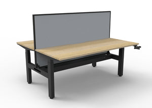 Rapidline Boost Crank manual height adjustable back to back workstation, E0 rated Natural Oak top on a black satin powdercoated frame. Supplied product image for model BC2PWSCT1275 NO/BL. View 1.