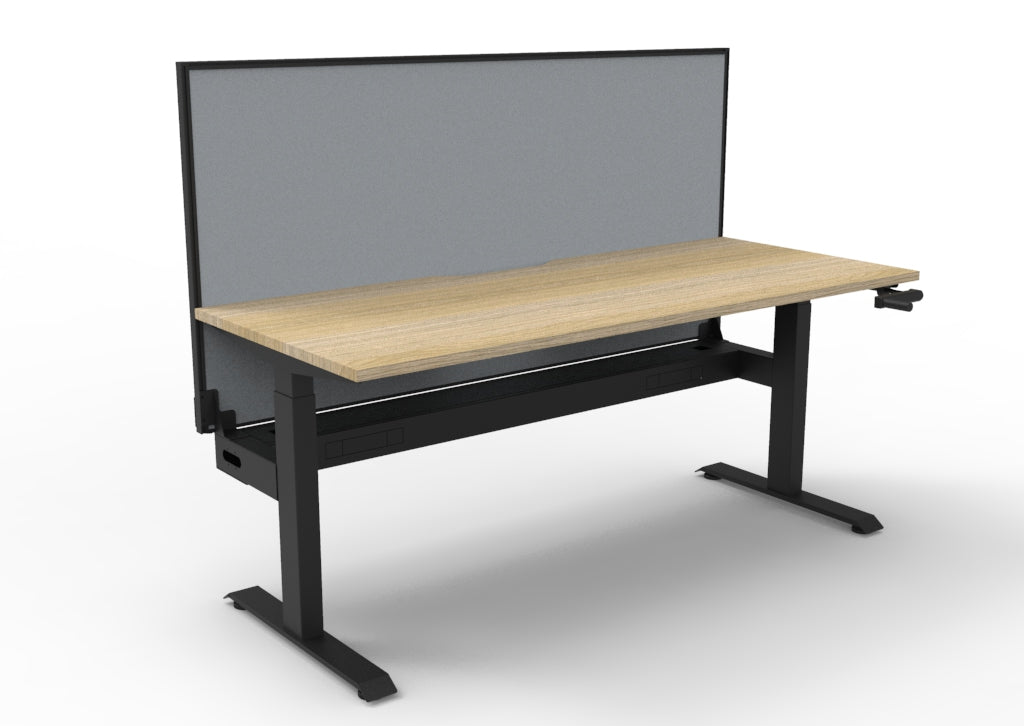 Rapidline Boost Crank manual height adjustable single sided workstation, E0 rated Natural Oak top on a black satin powdercoated frame. Supplied product image for model BC1PWSCT1575 NO/BL. View 1.