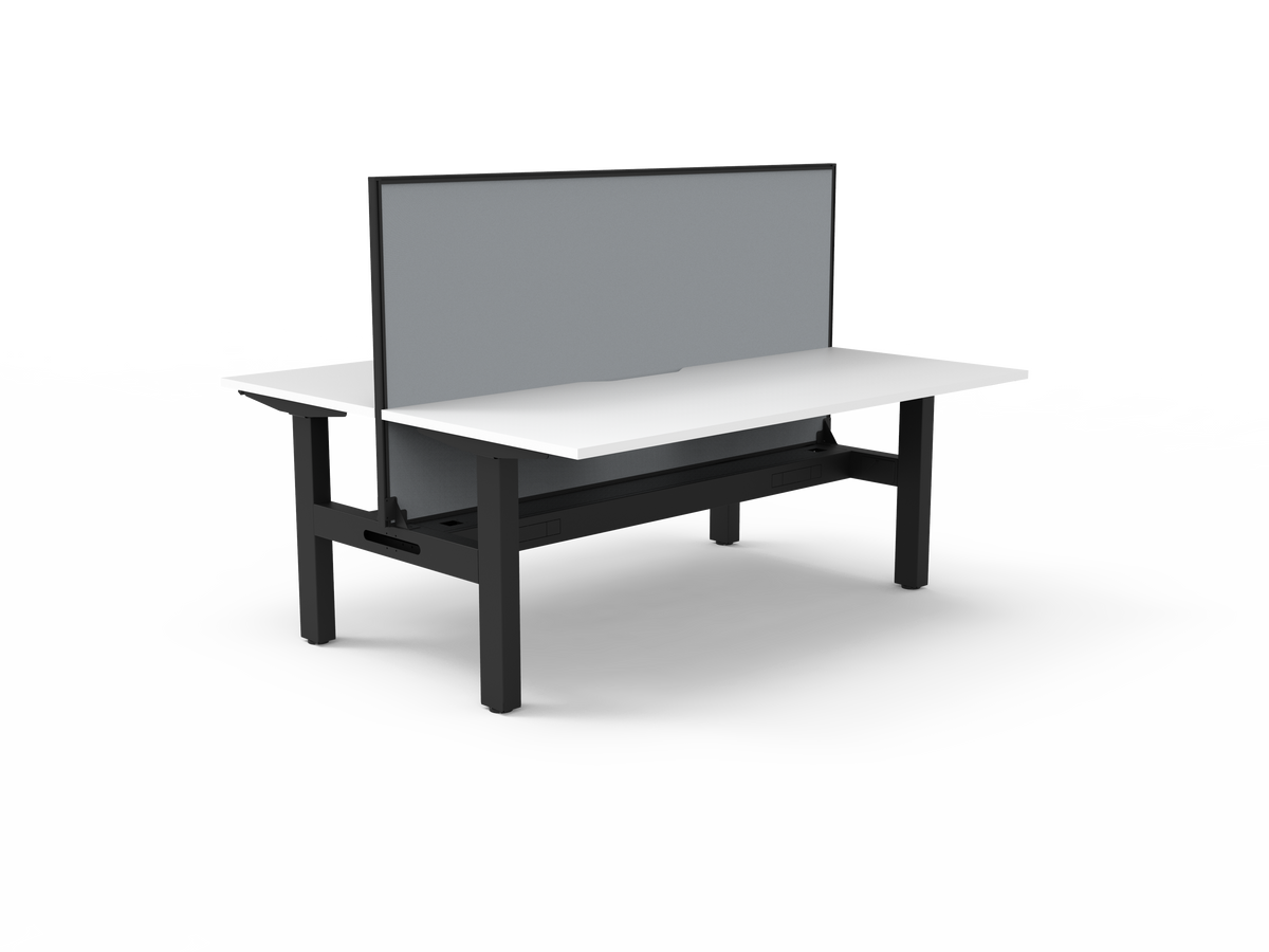 Rapidline Boost Static fixed height back to back workstation, E0 rated Natural White top on a black satin powdercoated frame. Supplied product image for model SB2PWSCT1575 NW/BL. View 1.