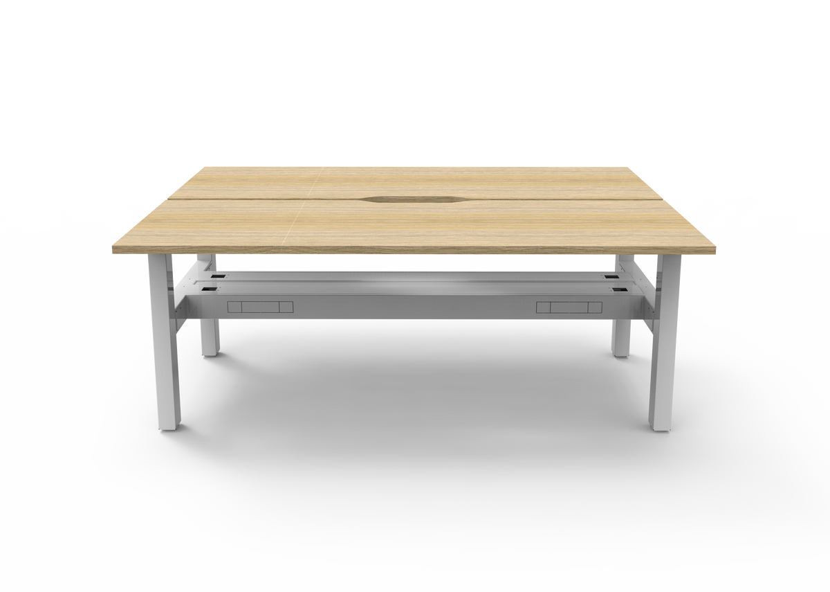 Rapidline Boost Static fixed height back to back workstation, E0 rated Natural Oak top on a white satin powdercoated frame. Supplied product image for model SB2PCT1575 NO/WS. View 2.