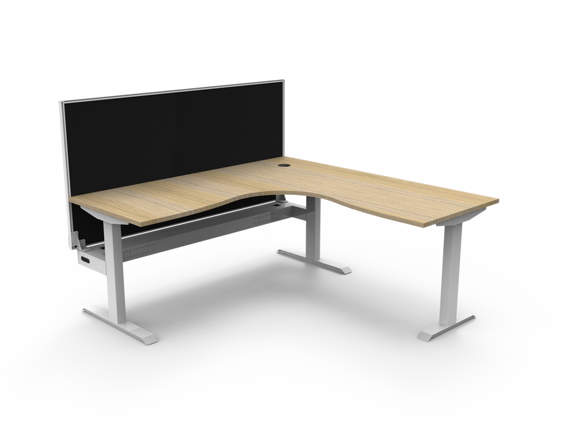 Rapidline Boost Static fixed height corner workstation, E0 rated Natural Oak top on a white satin powdercoated frame. Supplied product image for model SBCNRWSCT1P1818 NO/WS. View 1.