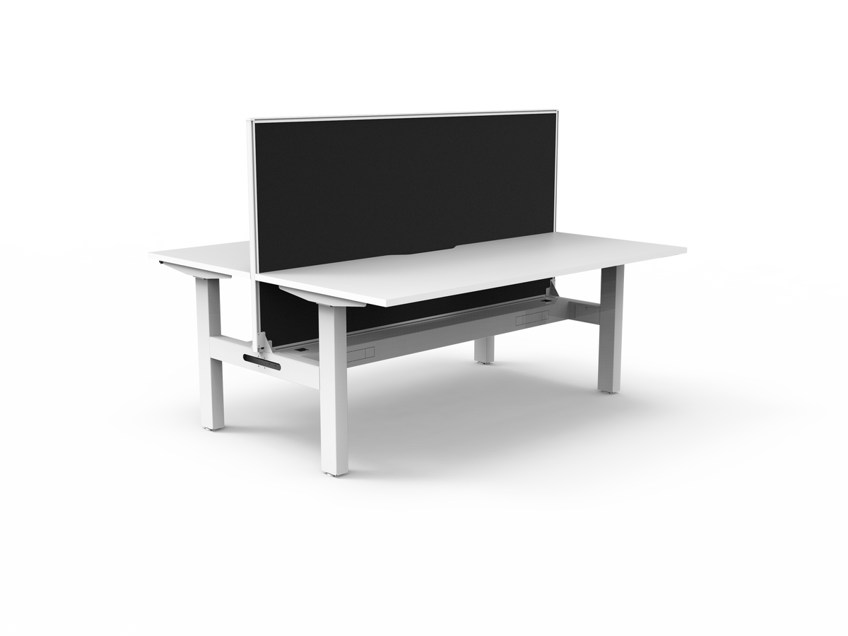 Rapidline Boost Static fixed height back to back workstation, E0 rated Natural White top on a white satin powdercoated frame. Supplied product image for model SB2PWSCT1875 NW/WS. View 1.
