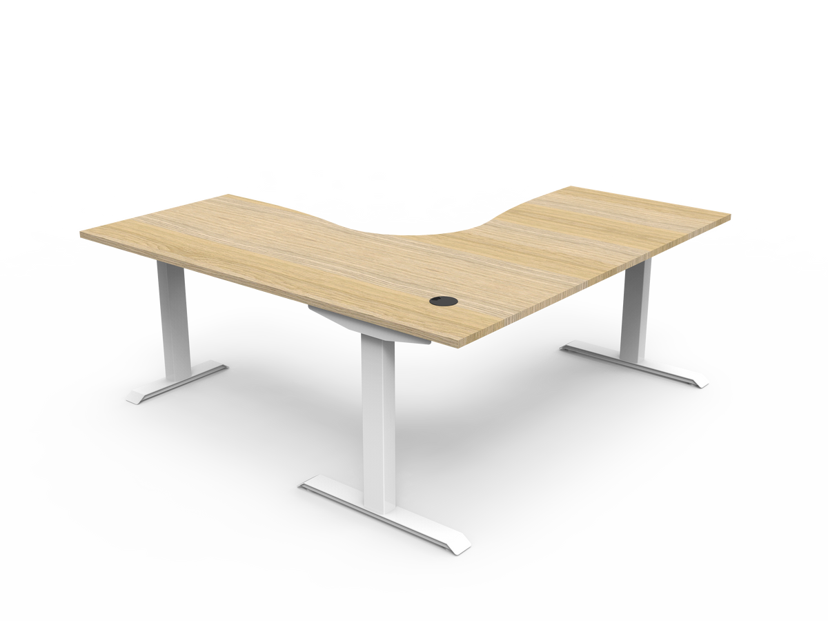 Rapidline Boost Static fixed height corner workstation, E0 rated Natural Oak top on a white satin powdercoated frame. Supplied product image for model SBCNR1P1818 NO/WS. View 2.