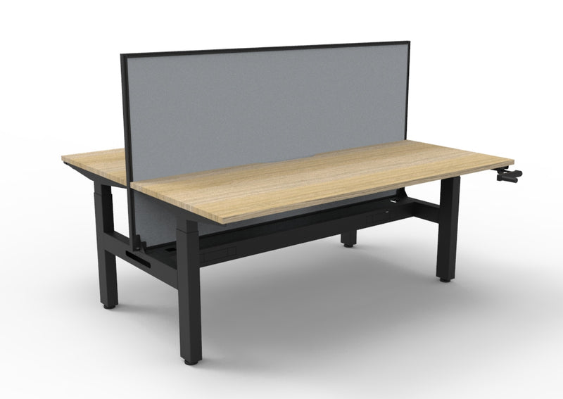 Rapidline Boost Crank manual height adjustable back to back workstation, E0 rated Natural Oak top on a black satin powdercoated frame. Supplied product image for model BC2PWSCT1575 NO/BL. View 1.