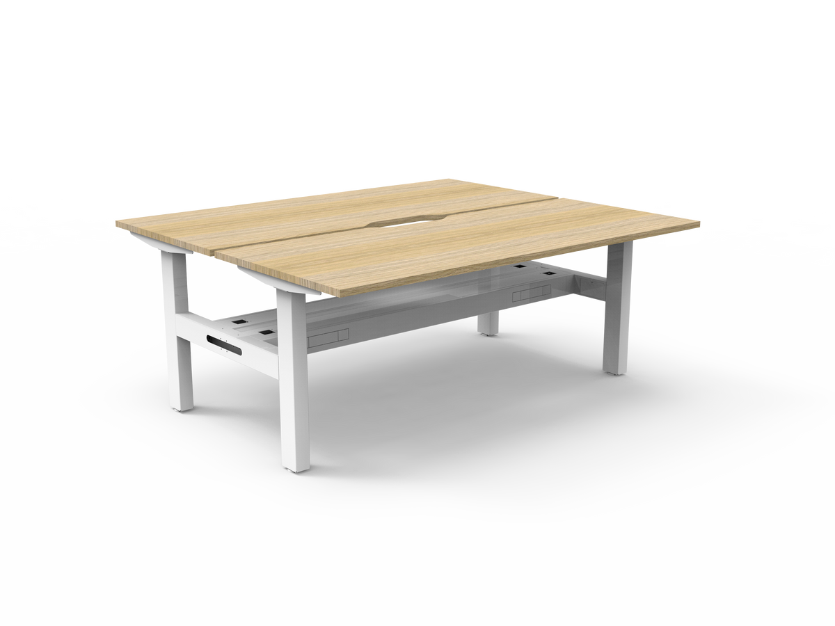 Rapidline Boost Static fixed height back to back workstation, E0 rated Natural Oak top on a white satin powdercoated frame. Supplied product image for model SB2PCT1575 NO/WS. View 1.