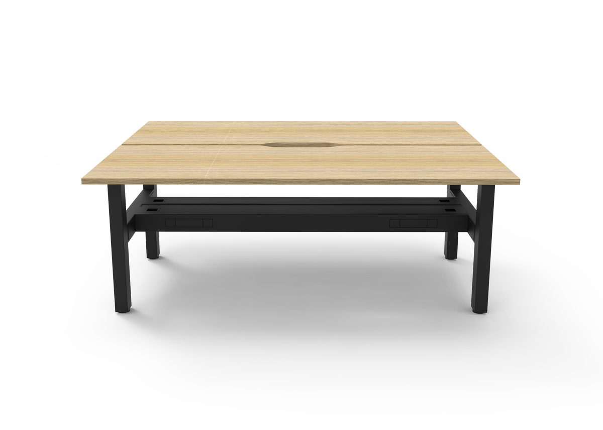 Rapidline Boost Static fixed height back to back workstation, E0 rated Natural Oak top on a black satin powdercoated frame. Supplied product image for model SB2PCT1575 NO/BL. View 2.