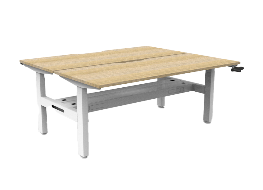 Rapidline Boost Crank manual height adjustable back to back workstation, E0 rated Natural Oak top on a white satin powdercoated frame. Supplied product image for model BC2PCT1275 NO/WS. View 2.