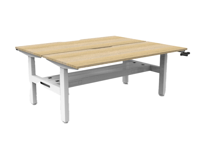 Rapidline Boost Crank manual height adjustable back to back workstation, E0 rated Natural Oak top on a white satin powdercoated frame. Supplied product image for model BC2PCT1275 NO/WS. View 2.