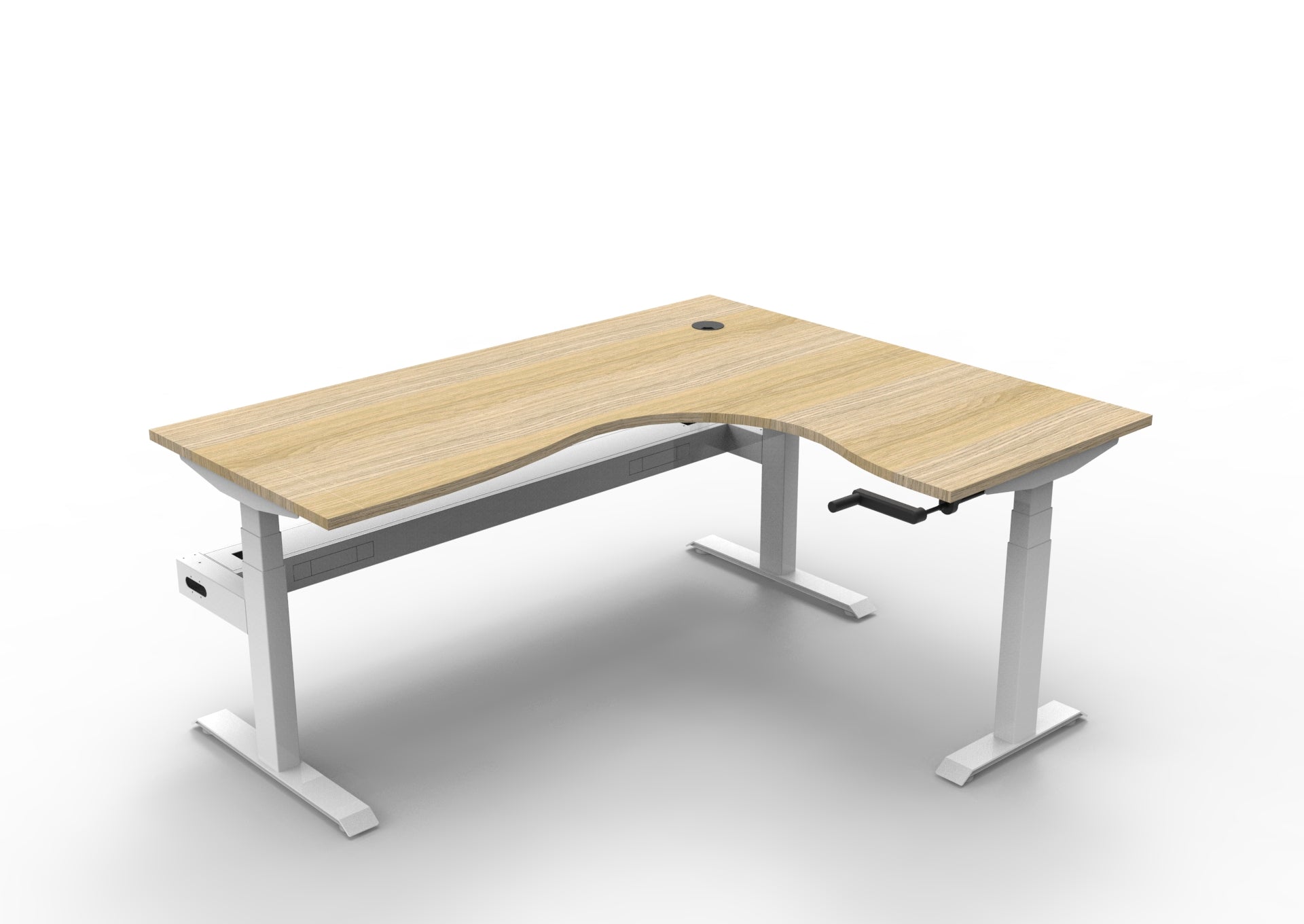 Rapidline Boost Crank manual height adjustable corner workstation, E0 rated Natural Oak top on a white satin powdercoated frame. Supplied product image for model BCCNRCT1P1815 NO/WS. View 1.