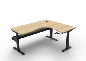 Rapidline Boost Crank manual height adjustable corner workstation, E0 rated Natural Oak top on a black satin powdercoated frame. Supplied product image for model BCCNRCT1P1815 NO/BL. View 1.