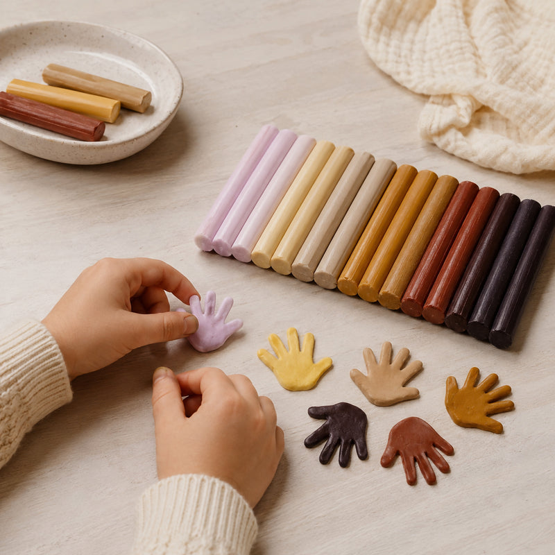 Colorful hand-shaped cookies being arranged on a table with a person's hands.