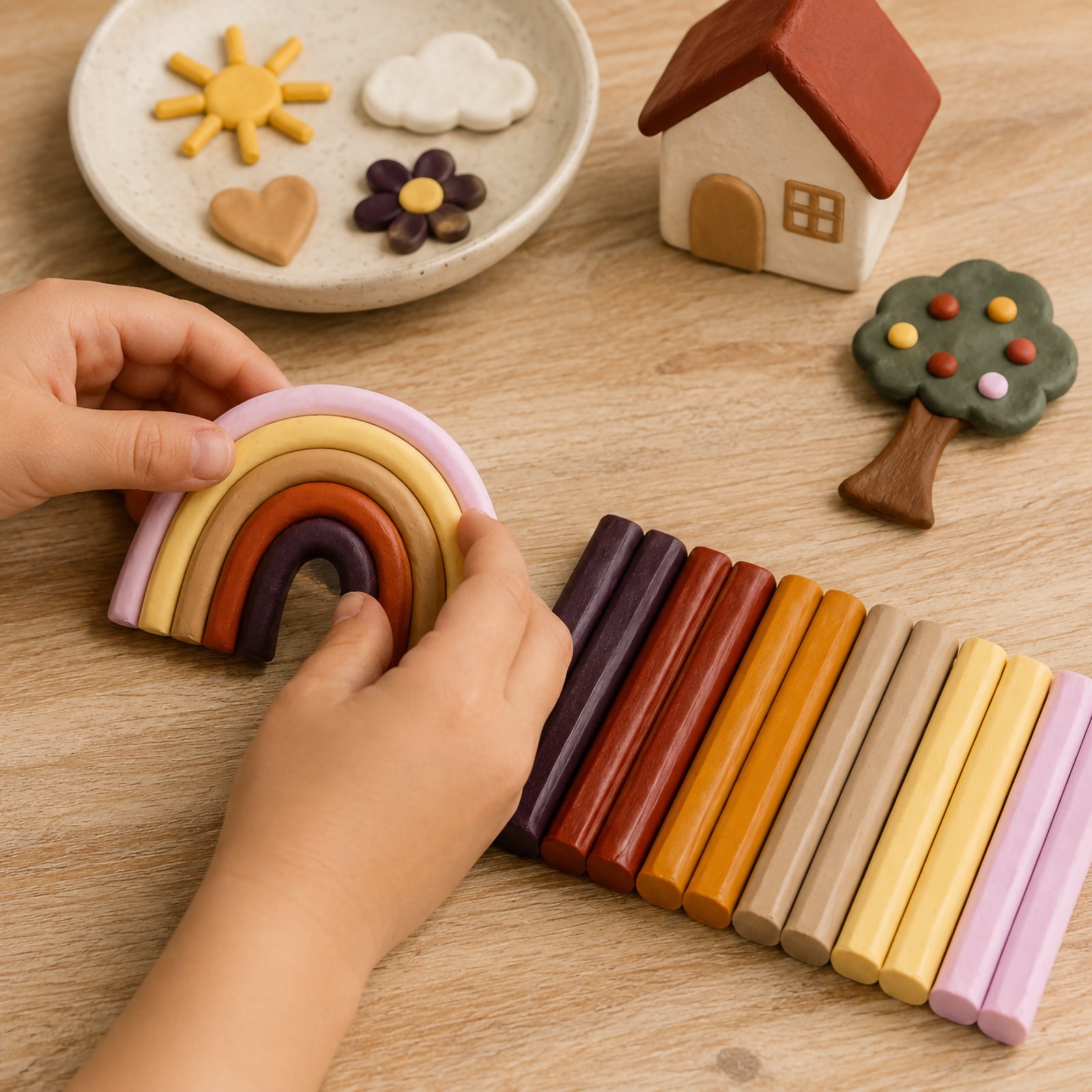 Child's hands playing with a set of colorful wooden rainbow building blocks on a wooden surface.