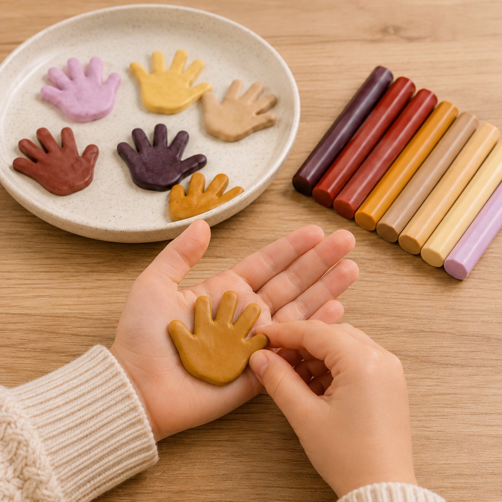 Colorful hand-shaped cookies on a plate with a child's hands holding a similar cookie on a wooden table.