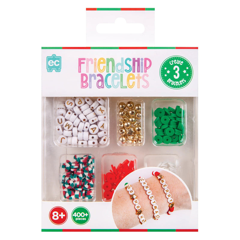 Retail packaging of the Educational Colours Friendship Bracelets Christmas Kit showing the included bead assortment, alphabet beads, festive colours and bracelet examples. The packaging highlights over 400 pieces and the ability to create three unique friendship bracelets.