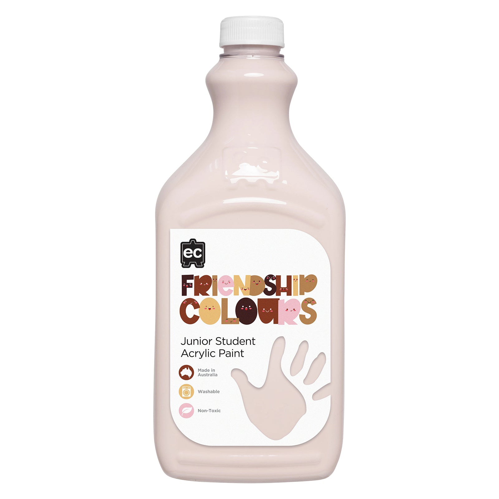 Clean product image of Educational Colours Friendship Colours Peach Acrylic Paint 2L against a neutral background. The bottle clearly displays Friendship Colours branding and key features including washable, non toxic and Australian made construction for educational and creative applications.