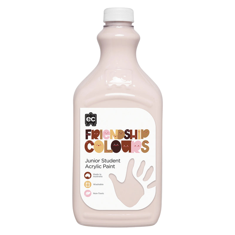 Clean product image of Educational Colours Friendship Colours Peach Acrylic Paint 2L against a neutral background. The bottle clearly displays Friendship Colours branding and key features including washable, non toxic and Australian made construction for educational and creative applications.