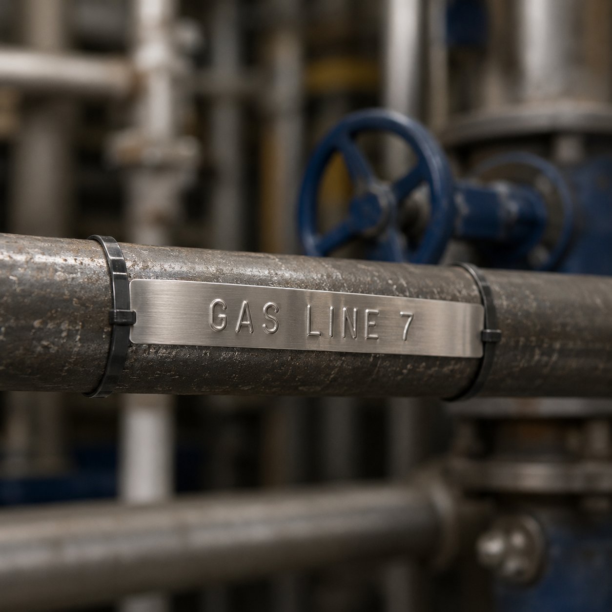 Metal pipe labeled 'GAS LINE 7' with industrial background