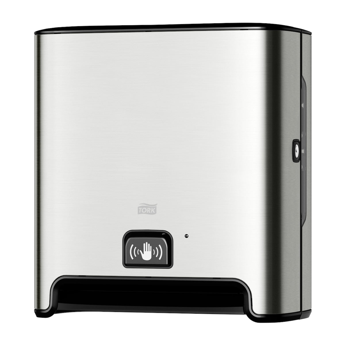 Brushed stainless steel Tork hand towel dispenser with a black base trim and a push button on the lower front panel