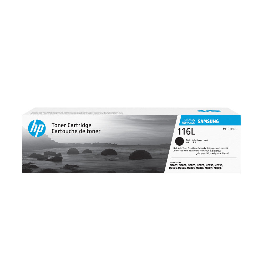 HP retail box for the MLT-D116L high yield black toner cartridge, printed 116L and Replaces Samsung, with a list of printer series along the front panel