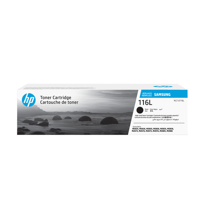 HP retail box for the MLT-D116L high yield black toner cartridge, printed 116L and Replaces Samsung, with a list of printer series along the front panel