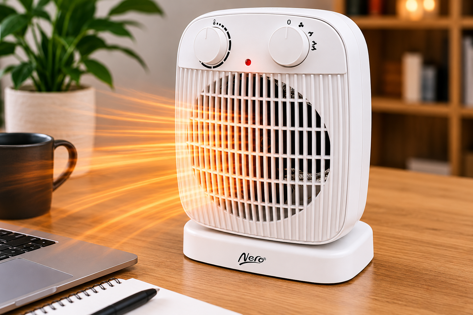 White space heater on a desk with a laptop, mug, and plant in the background