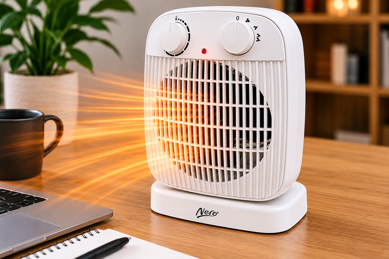 White space heater on a desk with a laptop, mug, and plant in the background