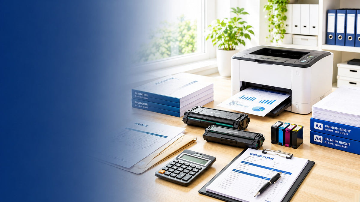 Ink and toner deals banner showing a printer, toner cartridges and paper on an office desk