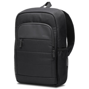Black Kensington EQ 14 inch Laptop Backpack, front three-quarter view showing the zippered front compartment