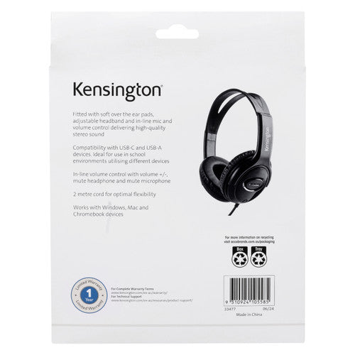 Kensington USB-C Over-Ear Headphone with USB-A Adapter Black