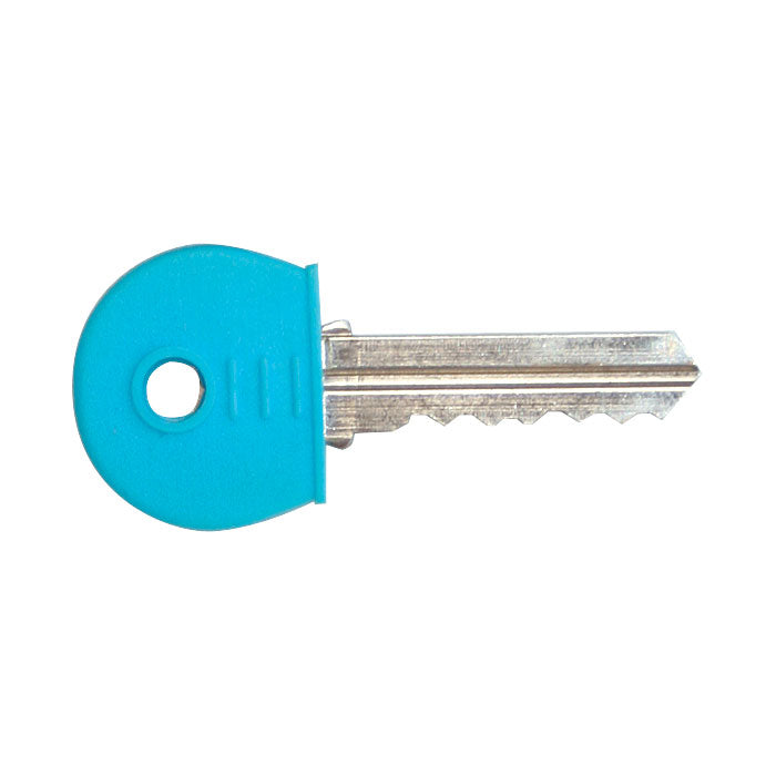 A blue Kevron AL1053 key head cap fitted over the head of a silver key