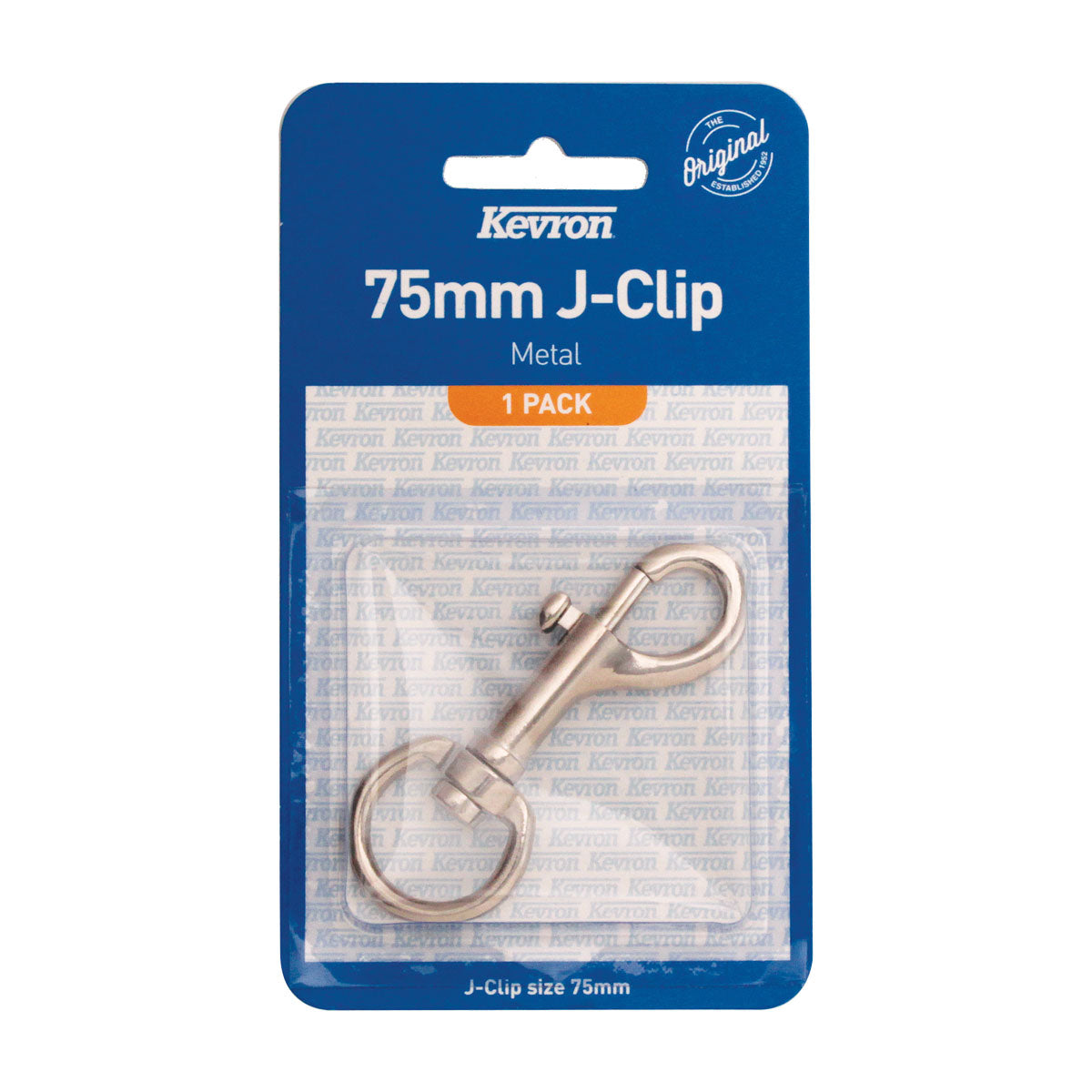 Kevron 75mm J-clip metal 1 pack on its blister card, a silver toned clip with swivel ring, J-clip size 75mm printed below