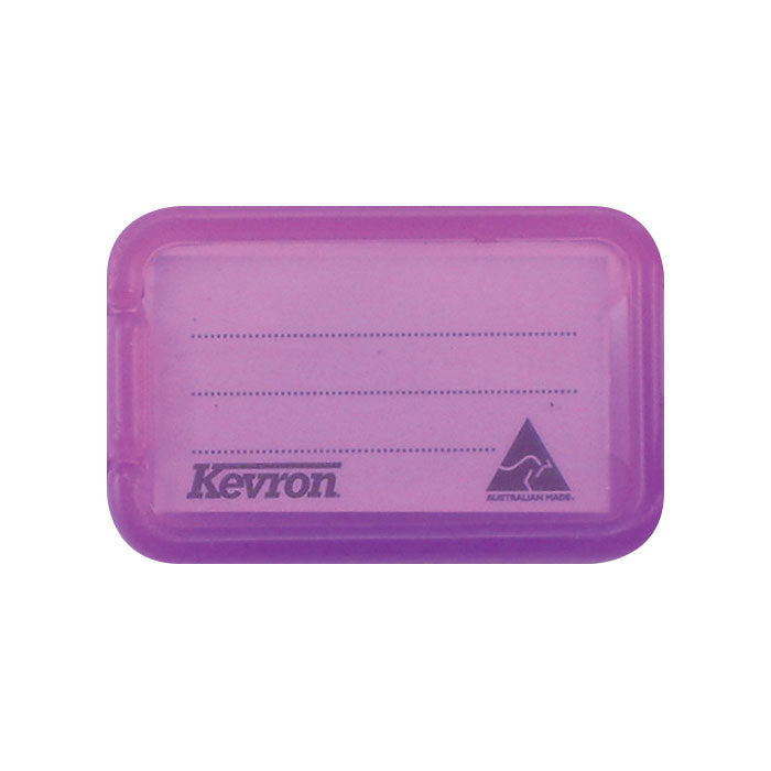 Close up of a single lilac Kevron ID5 key tag showing the ruled insert area, Kevron name and Australian Made mark