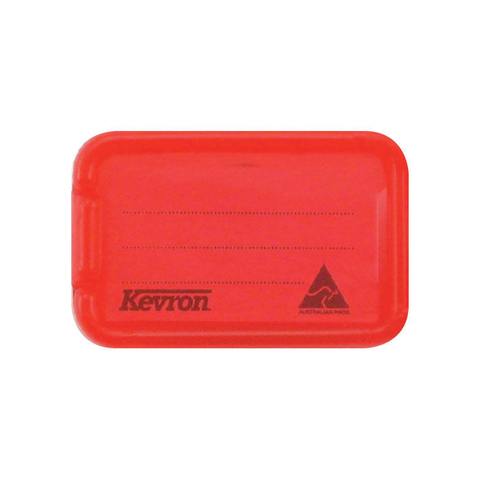 Close up of a single red Kevron ID5 key tag showing the ruled insert area, Kevron name and Australian Made mark