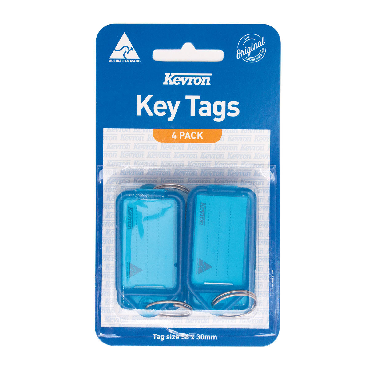 Kevron ID5 key tags blue 4 pack on its blister card, two blue tags with rings visible, Australian Made logo top left