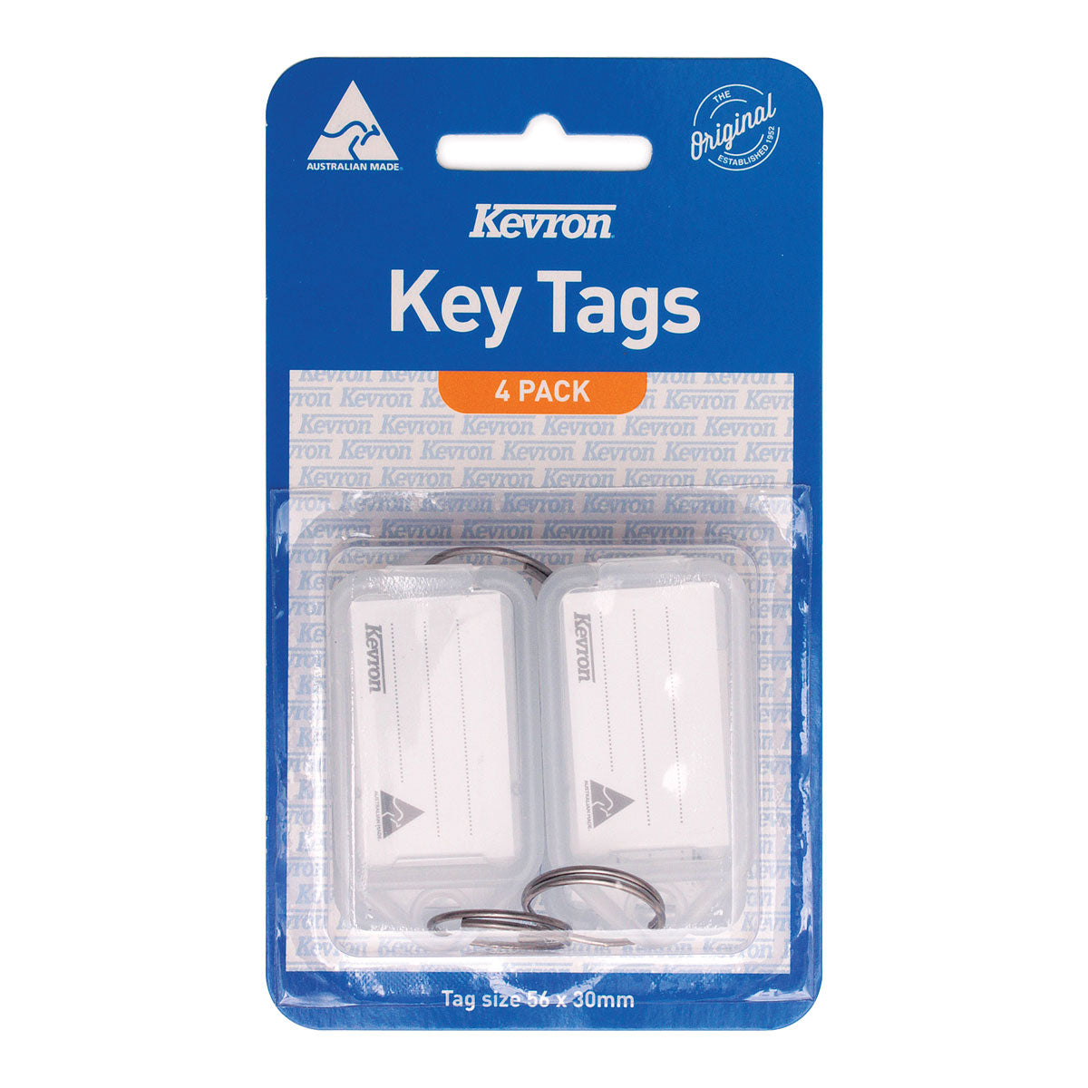 Kevron ID5 key tags clear 4 pack on its blister card, clear tags with white ruled inserts and rings, tag size 56 x 30mm printed below