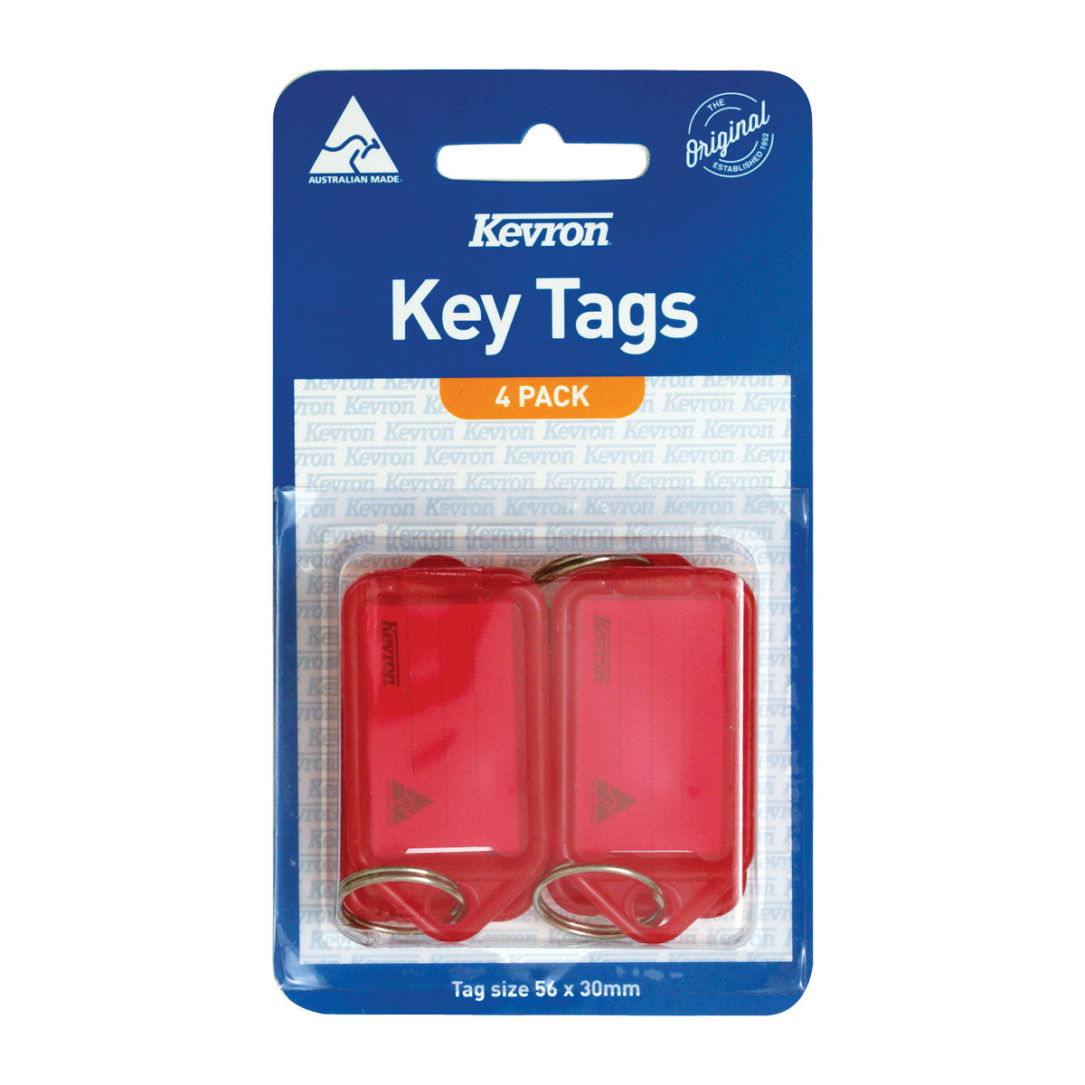 Kevron ID5 key tags red 4 pack on its blister card, two red tags with rings visible, tag size 56 x 30mm printed below
