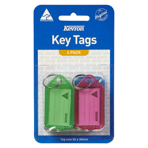 Kevron ID5 key tags assorted 4 pack on its blister card, one green and one pink tag with rings, Australian Made logo top left