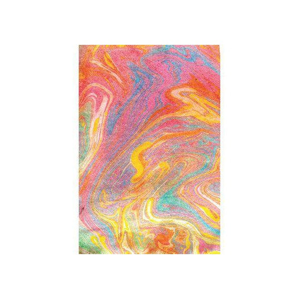 Example of marbled paper with swirling pink, orange, yellow, blue and green colour patterns across the sheet