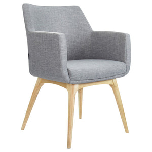 Konfurb Hady armchair in grey Keylargo Ash fabric on a natural wooden four leg base, front angle view on a white background