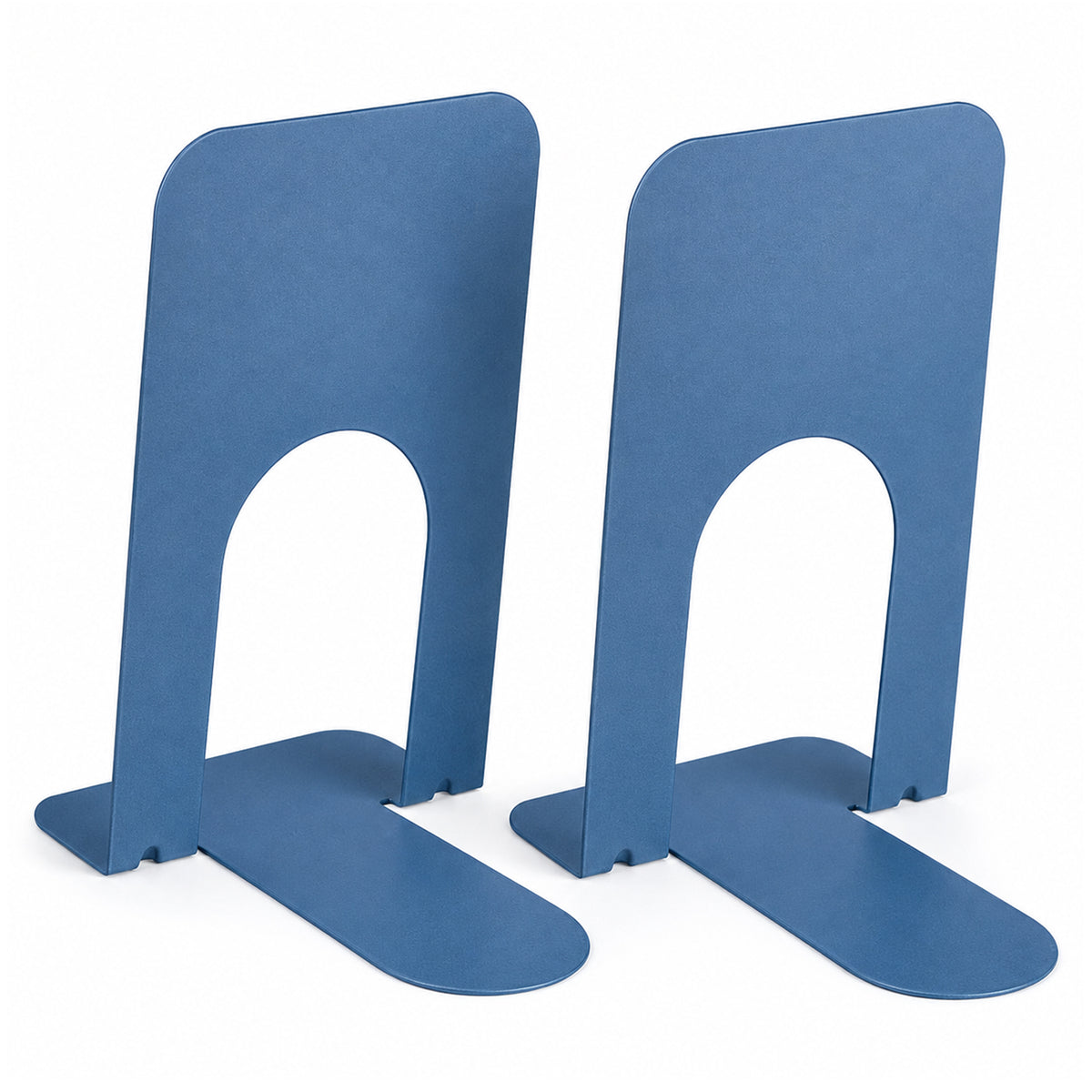 Two KW by Colby slate blue student bookends presented against a plain white background. Both bookends feature rounded upper corners, open lower profiles and extended flat bases, clearly displaying the simple freestanding design and understated slate blue finish.