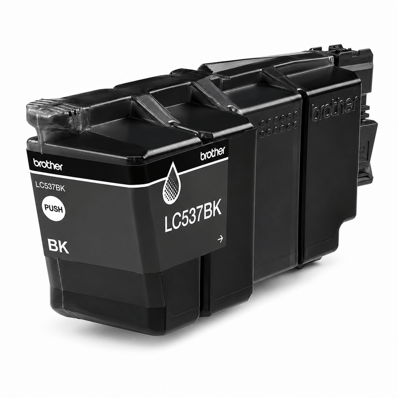Genuine Brother LC-537BK shown out of its packaging against a plain background