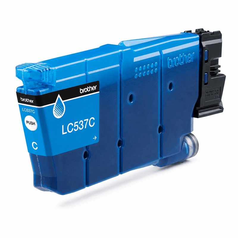 Genuine Brother LC-537C shown out of its packaging against a plain background