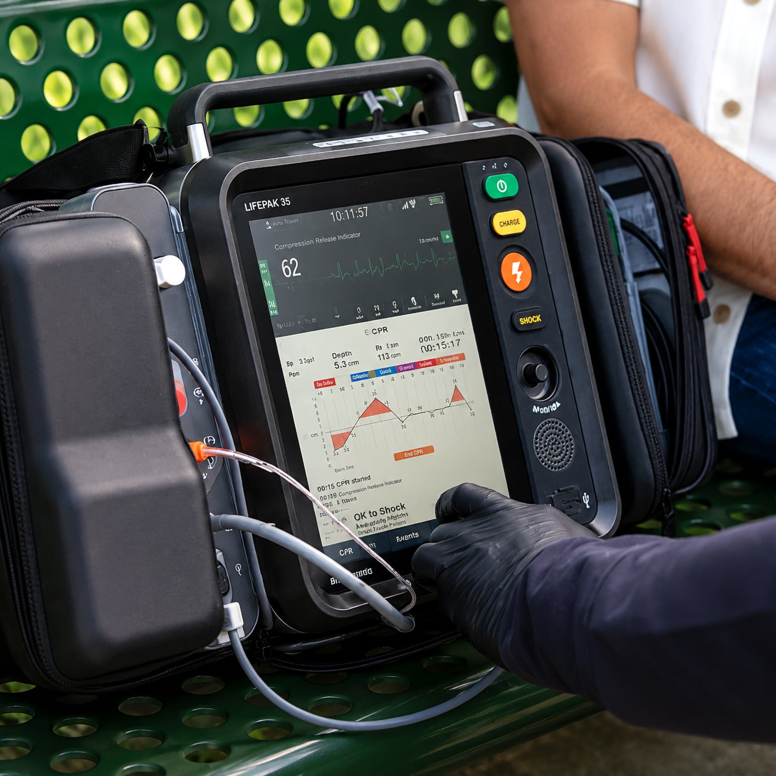 Close up view of the LifePak 35 Defibrillator Monitor in an outdoor clinical setting. A gloved responder interacts with the colour touchscreen displaying CPR and patient information, while monitoring cables and integrated accessory compartments demonstrate accessible operation during hands on emergency assessment and resuscitation workflows.