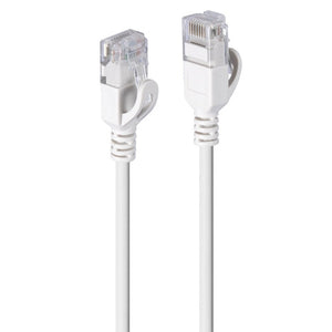 Close view of the two slim RJ45 plugs on the Lindy 0.3m Cat6A U/UTP ultra slim network cable, in a very light grey finish