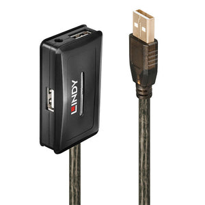 Lindy 10m USB 2.0 Active Extension Hub, black hub housing with Lindy logo and a USB A port on the side, beside the USB A plug on its cable
