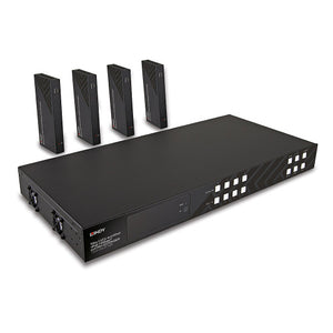 Lindy 150m Cat6 4x4 HDMI 4K60 HDBaseT Matrix Extender, black matrix with front panel buttons and four receivers standing behind it